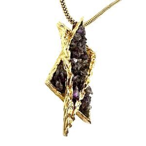 RARE Vintage Brutalist Panetta Gold Plated Amethyst Chips Pendant 20” Necklace